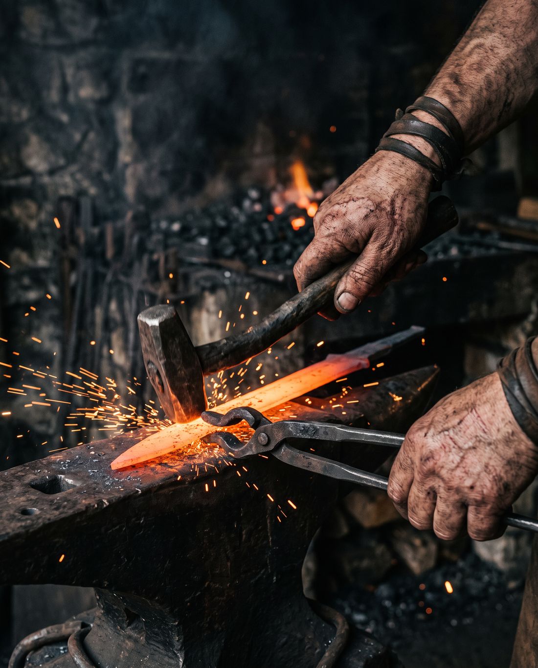 Concept art: a smith's scarred hands hammer a glowing blade on an anvil, sparks flying.