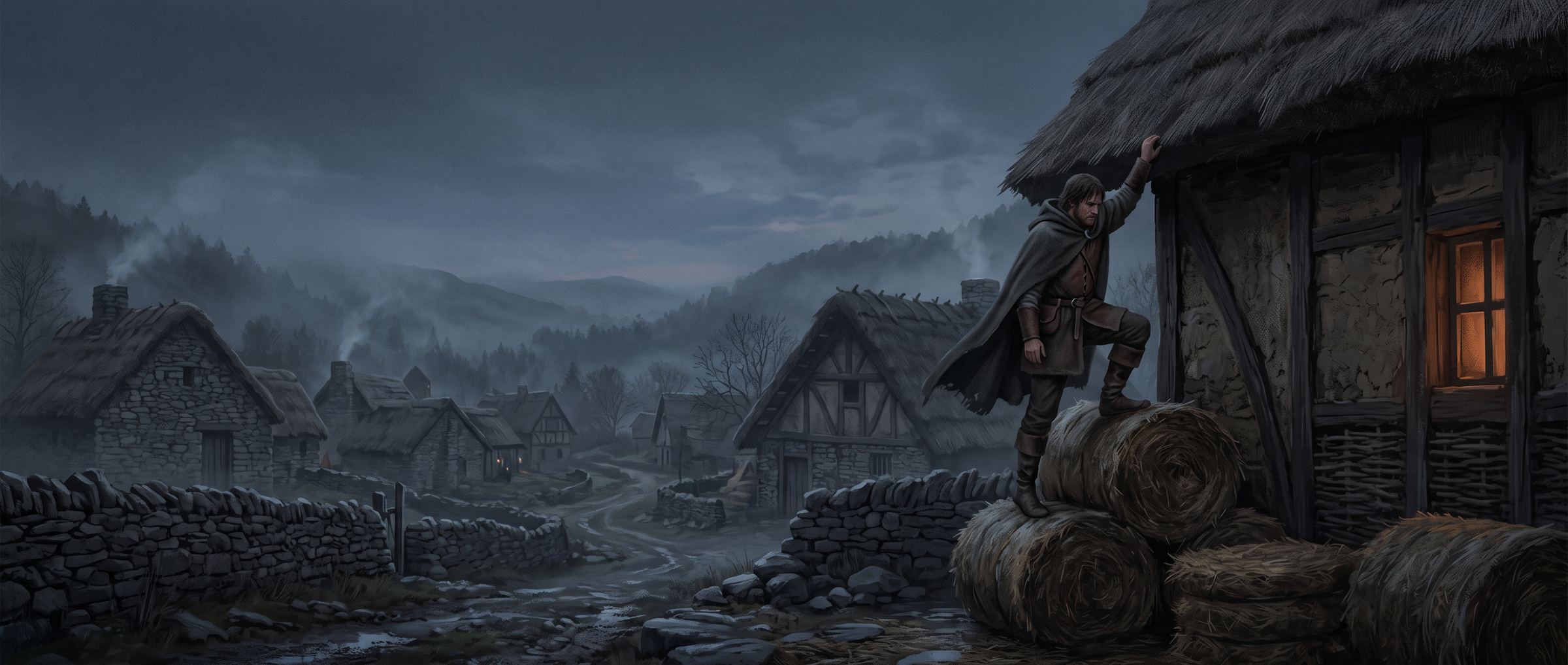 Concept art: at dusk in a misty stone village, a cloaked traveller climbs a stack of hay bales piled against a thatched cottage to reach the roof.