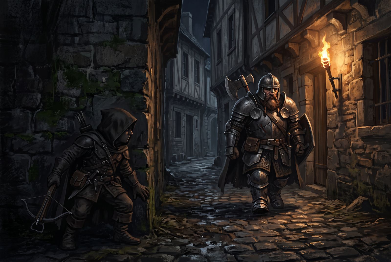 Concept art: in a torchlit cobbled alley, a hooded halfling crouches in shadow as a dwarf in full plate walks past.