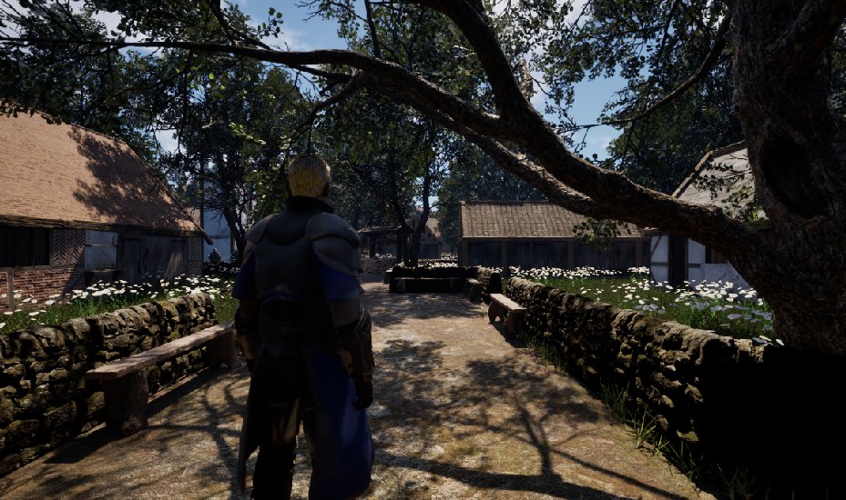 Test build screenshot: a MetaHuman stand-in in dark armour on a village path between dry-stone walls with benches set against them.